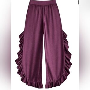 Free People Plum Bordo Chasing Love Satin Ruffle Lounge Wide Pants Size M/L